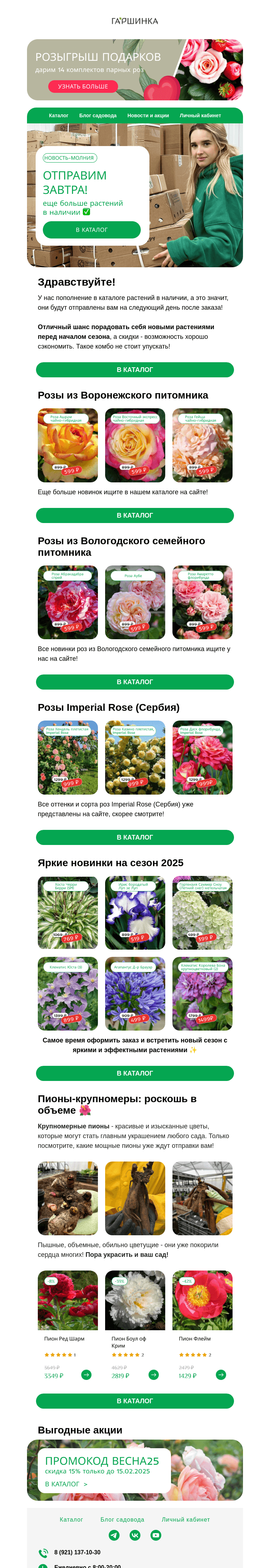 Письмо компании «Гаршинка.ру» на тему «Дарим розы! 🎉🌹 И новинки с отправкой завтра 🌺»