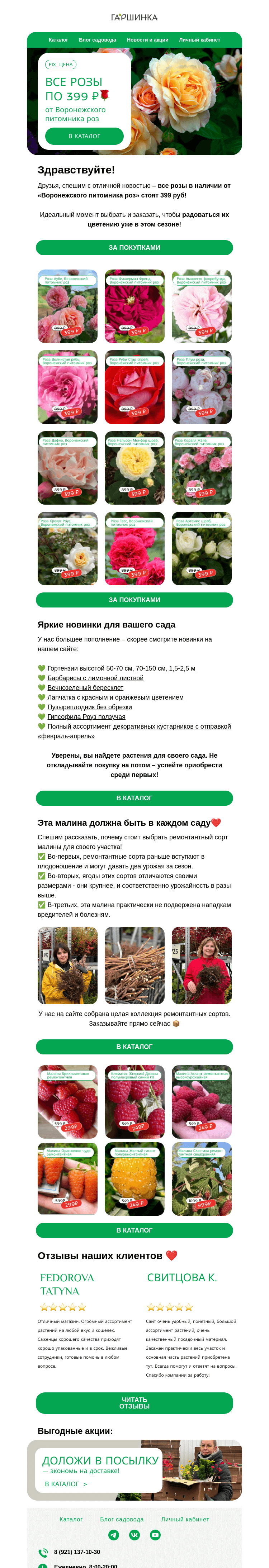 Письмо компании «Гаршинка.ру» на тему «⚡ FIX цена - РОЗЫ по 399 ₽ 💚 И яркие новинки этого сезона»